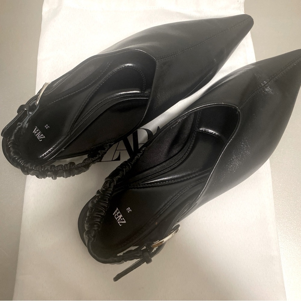 New Zara Pointed Toe Slingback Leather Flat Mules In Black - Size 7.5 UK 38 - Picture 8 of 14